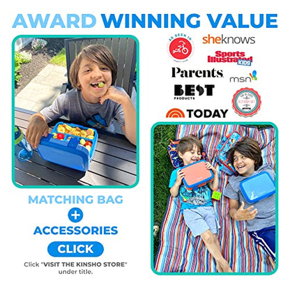 kinsho Bento Lunch Box for Kids Toddlers Boys, 5 Portion Sections Secure Lid, Microwave Safe BPA Free Removable Tray, Pre-School Kid Daycare Lunches Snack Container Ages 3 to 5, Blue - color: Blue