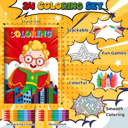 BenLouis 24 Hero Mini Coloring Books Kids with 24 Stacking Crayons Hero Party Favors Activity Books Bulk for Kids Hero Goodie Bag Gift Stuffer Classroom Reward - style: Hero