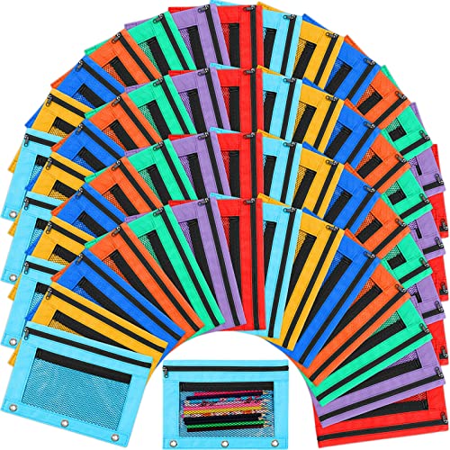 Zhehao 100 Pcs Zipper Binder Pencil Pouches:3 Ring Binder Pencil Pouches with Zipper Window Bulk Clear Pen Bags Case for Office School Classroom Supplies(Double Layer with Mesh Layer,7 Colors) - color: Vivid Color, style: Double Layer With Mesh Layer