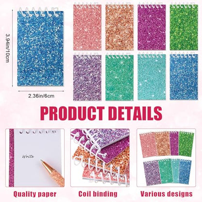 Sherr 16 Pcs Glitter Pens and Notebooks Set Mini Spiral Notepads Fancy Pens for Kids Girls Women Sparkly Sequins Journaling Ballpoint Christmas Birthday Gift Classroom Rewards(Classic Color) - color: Multi Color