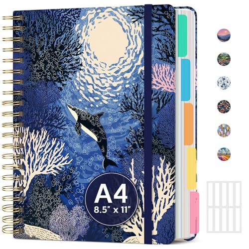 Large Spiral Lined Notebook for Work with Dividers & Tabs, 8.5"x11" Hardcover 5 Subject Notebook, College Ruled, 280 Pages, Orca Reef - color: S - Orca Reef