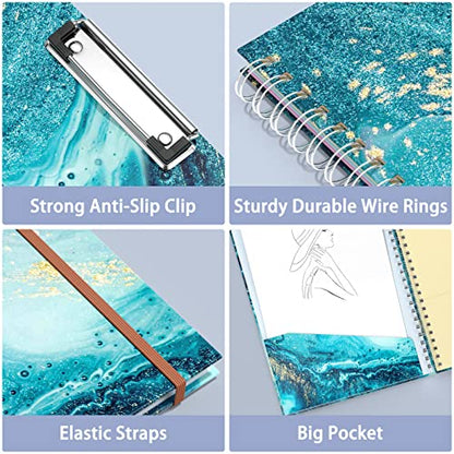 Rimilak Spiral Clipboard Folio with Refillable Lined Notepad, 14.5 x 9.8 In, Hardcover Cover with 5 Interior Pockets, Elastic Band and Pen Loop Series. Cute Stylish Clipfolio, Teal Marble - color: Teal Marble