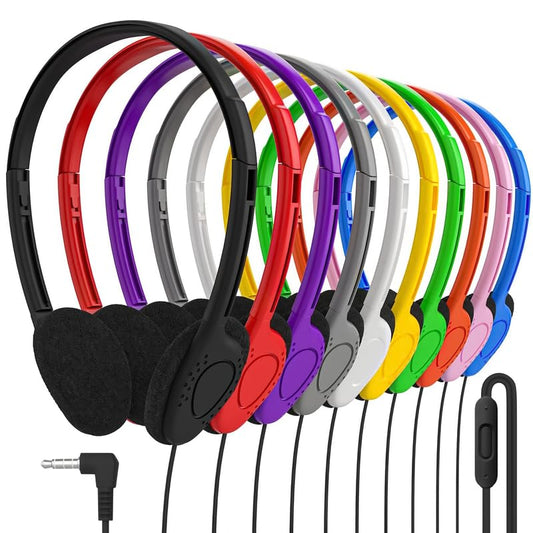 Maeline Bulk Classroom Headphones with Microphone – 40 Pack Multicolor Wired On-Ear Headsets, Adjustable 3.5mm Plug, Individually Wrapped for Schools, Libraries & Labs - color: Multicolor, size: 40 Pack