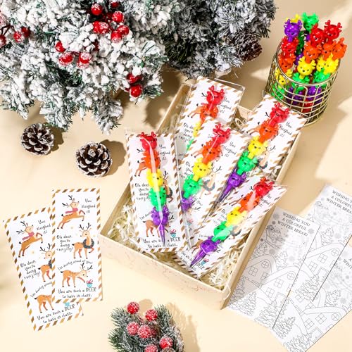 Sayglossy 24 Sets Christmas Elk Crayons Party Favors 4 Colors Christmas Stacking Crayons with Double Sided Coloring Postcard Xmas Party Gifts Prize Bulk for Holiday Goodie Bag Stuffers Reward - style: Christmas Elk