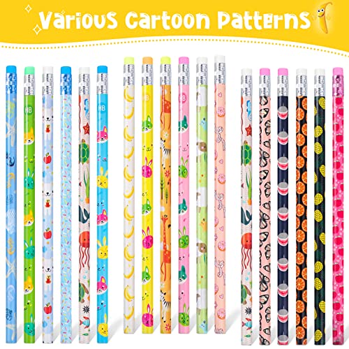 Epakh 100 Pieces Back to School Cartoon Wooden Pencils Bulk Colorful Cute Pattern Writing Pencils with Top Eraser Incentive Reward Gifts for Students Teacher Classroom Kids Party Supplies Favors