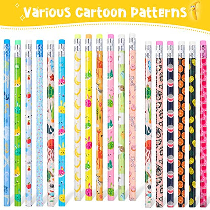 Epakh 100 Pieces Back to School Cartoon Wooden Pencils Bulk Colorful Cute Pattern Writing Pencils with Top Eraser Incentive Reward Gifts for Students Teacher Classroom Kids Party Supplies Favors