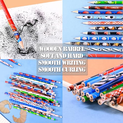 63 pcs Sports Pencils with Sports Ball Erasers, 48 pcs Funny Cute Wooden Pencils HB Drawing Pencil with 15 pcs Erasers for Sport Party School Stationery Reward Teacher Office Supplies