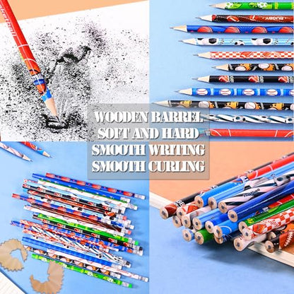 63 pcs Sports Pencils with Sports Ball Erasers, 48 pcs Funny Cute Wooden Pencils HB Drawing Pencil with 15 pcs Erasers for Sport Party School Stationery Reward Teacher Office Supplies
