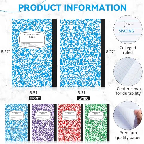 Gersoniel 4 Pack Back to School Left Handed Composition Notebooks, College Ruled Writing Notebooks 8.3" x 5.8", Smudge-free Paper, Color Coded School Supplies for Students & Classroom Use - color: Bright Colors