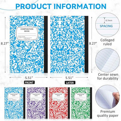 Gersoniel 4 Pack Back to School Left Handed Composition Notebooks, College Ruled Writing Notebooks 8.3" x 5.8", Smudge-free Paper, Color Coded School Supplies for Students & Classroom Use - color: Bright Colors