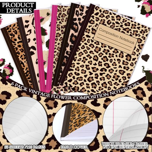 MotiMind 6 Pcs Leopard Print Composition Notebook College Ruled Back to School Cheetah Print Wide Ruled Composition Book 110 Page 7-1/2" x 9-3/4" Hot Pink Aesthetic Notebook for Teacher Class Office - style: Leopard Print