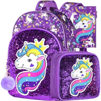 gxtvo 3PCS Girls Backpack, 16" Sequin Prechool Elementary Bookbag and Lunch Box - color: Unicorn Purple Hw