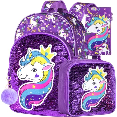 gxtvo 3PCS Girls Backpack, 16" Sequin Prechool Elementary Bookbag and Lunch Box - color: Unicorn Purple Hw