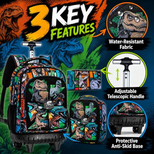 CCJPX 3PCS Rolling Backpack for Boys, 21 Inch Water Resistant Dinosaur Backpacks with Roller Wheels, Wheeled Bookbag for Teens Elementary School Travel-Brown - color: Rolling Dinosaur Black