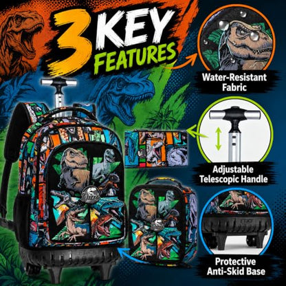 CCJPX 3PCS Rolling Backpack for Boys, 21 Inch Water Resistant Dinosaur Backpacks with Roller Wheels, Wheeled Bookbag for Teens Elementary School Travel-Brown - color: Rolling Dinosaur Black