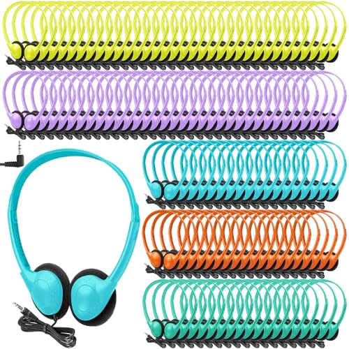 Hoteam 100 Pack Headphones for Classroom Bulk Students Adjustable Headphones Wired Pack Black Over the Head Earphones with 3.5 mm Plug for School Library Museums Charity (Colorful,Classic) - color: Colorful, style: Classic