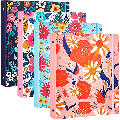 Lewtemi 4 Pack Mini Binders 5.5 x 8.5 Three Ring, 1 Inch Marble Binder, Flower Ocean Decorative Hardcover with Elastic Cord for School, Office Use, Recipe, Photo Album Pages(Flower) - style: Flower