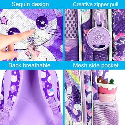 gxtvo 3PCS Girls Backpack, 16" Sequin Prechool Elementary Bookbag and Lunch Box - color: Sequins Girls Cat Backpack