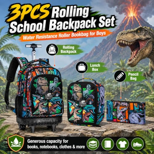 WZLVO 3PCS Rolling School Backpack, Water Resistance Roller Bookbag for Boys, Wheeled Bag Set with Lunch Box & Pencil Bag for Teens & Kids - Dinosaur Gathering