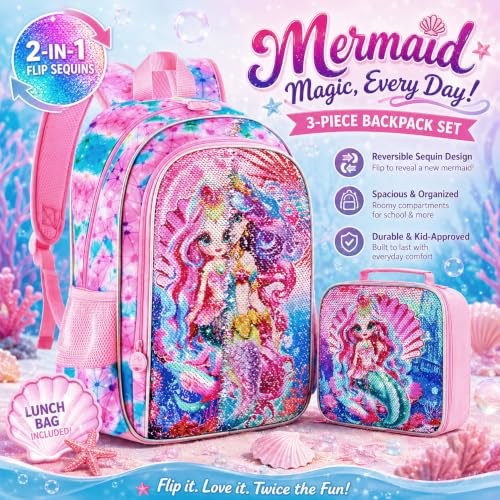 gxtvo 3PCS Girls Backpack, 16" Sequin Prechool Elementary Bookbag and Lunch Box - color: Bk Mermaid Pink New