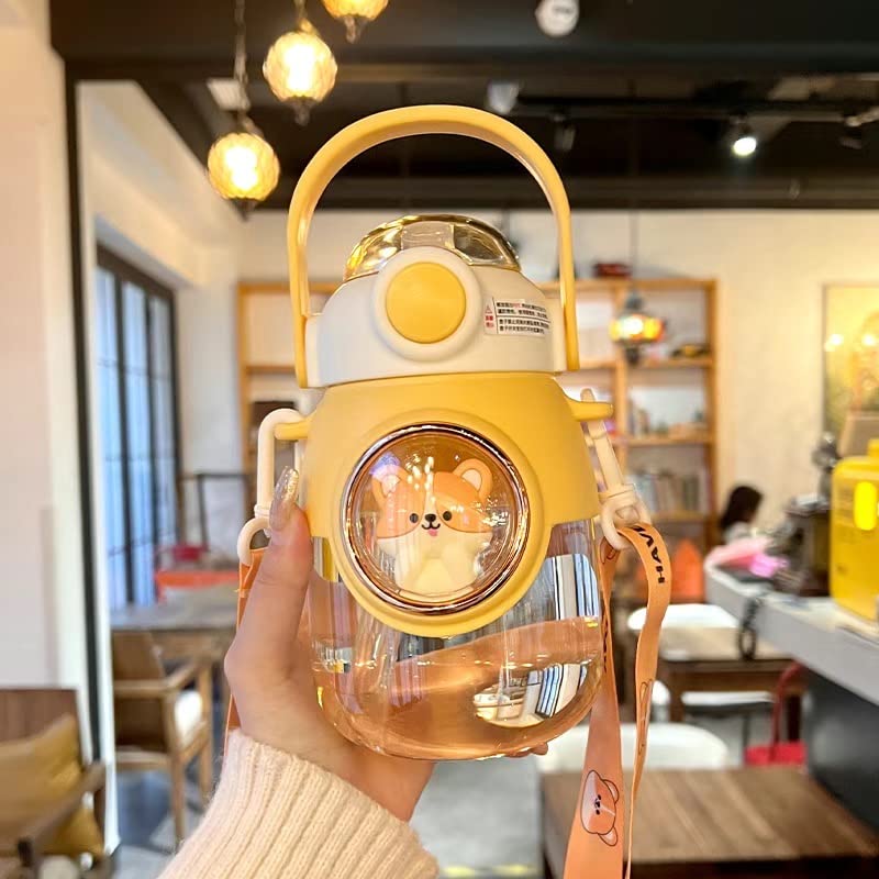 LEJN 28 oz Water Bottle Kawaii with Adjustable Shoulder Strap for Summer Cold Water Chill Portable Leakproof BPA-free Cartoon Children Cup Traveling Hiking Camping (Yellow820ml) - color: Yellow820ml