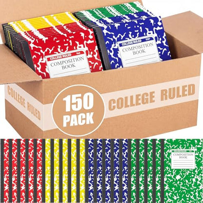 Fainne 150 Pack A5 Composition Notebooks Bulk Marble Cover Composition Notebooks College Notebook Wide Ruled Notebook for Students Classroom Office School Supplies (4 Color) - color: 4 Color
