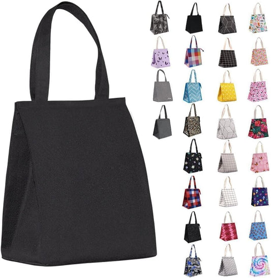 iknoe 9L Insulated Lunch Bag for Women and Men, Pure Black Tote | Lightweight 0.3 lb, compact foldable design, aluminum foil interior, velcro closure, wide opening, for meals, snacks, office - color: PureBlack, size: Velcro Closure