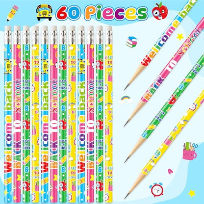 Xqumoi 60Pcs Back to School Pencils with Erasers - 4 Designs #2 HB Pencil in Bulk Welcome Back to School Stationery for Student Classroom Rewards Goodie Bag Fillers Birthday Party Favors Supplies - style: Back to School