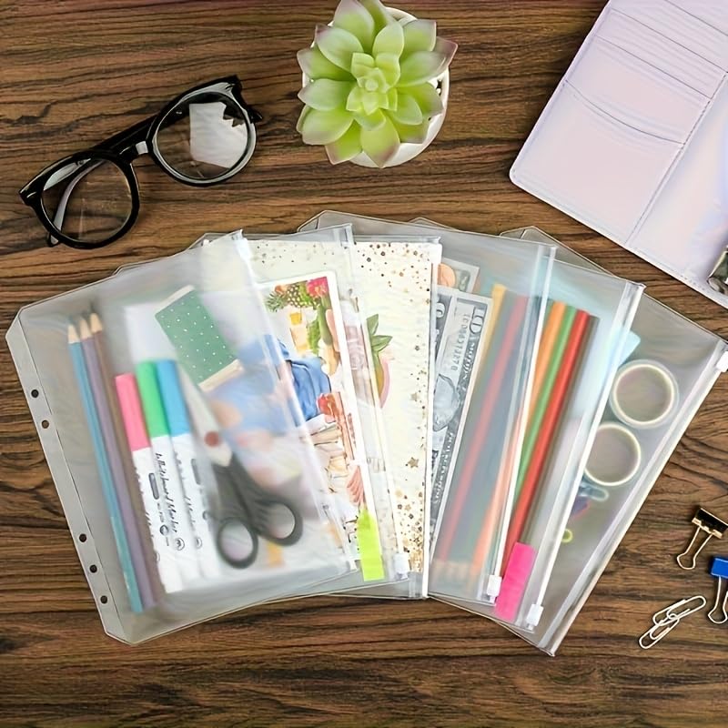 5PCS 6 Holes A5 Binder Pockets Clear Zipper Folders for 6 Ring Loose Leaf Notebook Waterproof PVC Organizer