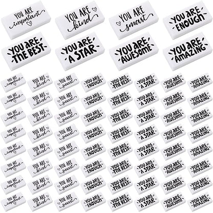 PerKoop 100 Pcs Erasers Bulk for Kids, Inspirational Back to School Pencil Eraser - White Fun Motivational Erasers Gifts for Kids Students Borradores Classroom Prizes School Office Supplies