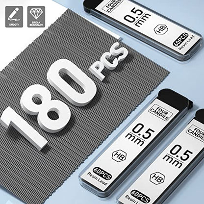 Four Candies Cute Mechanical Pencil Set with Case - 3PCS Pencils 0.5mm with 180PCS HB Lead Refills, 3PCS Erasers, 9PCS Eraser Refills, White Clear Mechanical Pencil for Students Drawing, Writing - size: White-0.5MM