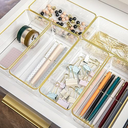 Martha Stewart Kerry Plastic Stackable Office Desk Drawer Organizers, 6" x 3", 6 Pack, with Gold Trim - size: 6" x 3"