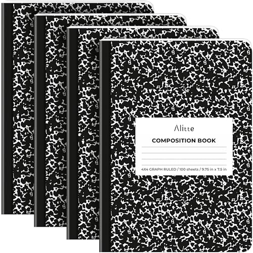Alitte Composition Notebooks 4-Pack | 4x4 Graph Ruled, 200 Pages (100 Sheets) | Black Marble Smooth Thick Pages | 9.75x7.5 | School Notebooks, Writing Pads - size: 4 Pack, style: Graph Ruled