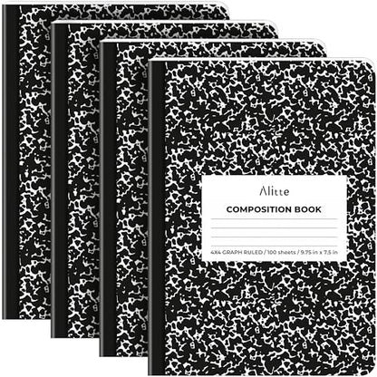 Alitte Composition Notebooks 4-Pack | 4x4 Graph Ruled, 200 Pages (100 Sheets) | Black Marble Smooth Thick Pages | 9.75x7.5 | School Notebooks, Writing Pads - size: 4 Pack, style: Graph Ruled