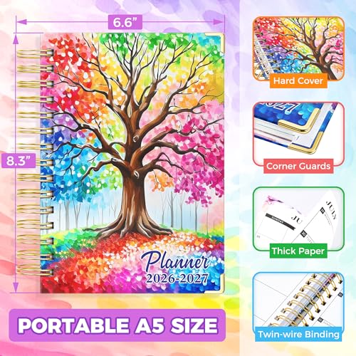 Academic Planner 2026-2027, 18 Months Weekly & Monthly Calendar Planner | July 2026 - Dec 2027, 6.6" x 8.3 A5 Size, Hardcover Daily Agenda with Tabs, Inner Pocket, Bookmark, Stickers, Sticky Note Set - color: Colorful Tree of Life, size: A5