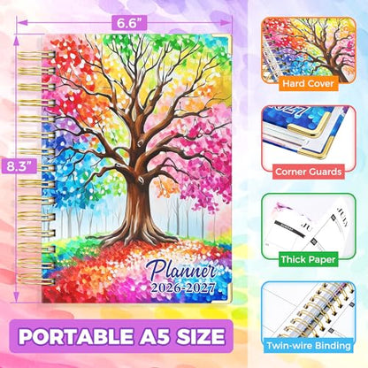 Academic Planner 2026-2027, 18 Months Weekly & Monthly Calendar Planner | July 2026 - Dec 2027, 6.6" x 8.3 A5 Size, Hardcover Daily Agenda with Tabs, Inner Pocket, Bookmark, Stickers, Sticky Note Set - color: Colorful Tree of Life, size: A5