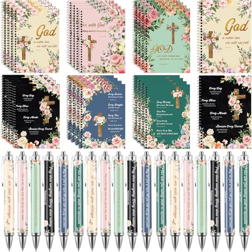 24 Sets Christian Notepads Bible Pens Sets Bulk - Classroom Office Church Religious Gifts - Spiral Thickened Bible Verse Notepad Pens for School Teacher Coworker (Floral Cross) - style: Floral Cross