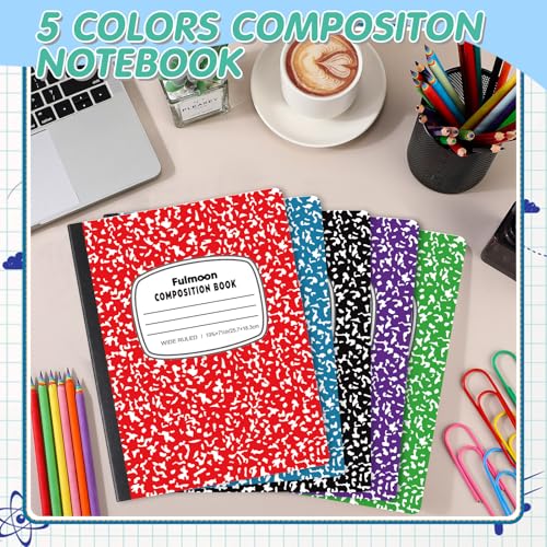 Fulmoon 5 Pcs Composition Notebooks Wide Ruled, 11/32'' Spacing Comp Book, 10.12 x 7.2Inch, 30 Sheets Per Comp Book, Black Purple Blue Red Green, Marble Notebooks for School Kids Home Office