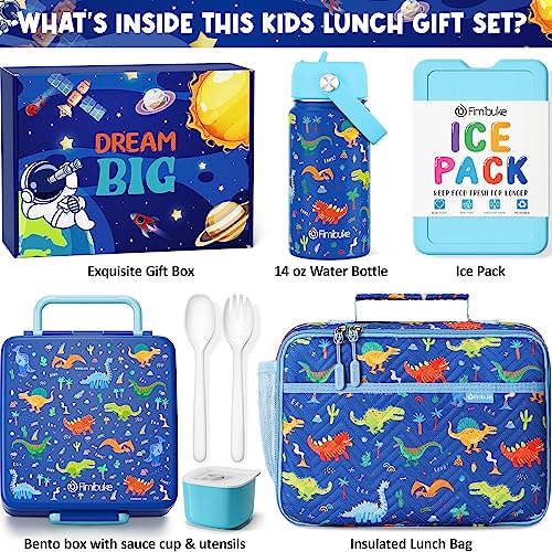 Fimibuke Kids Bento Lunch Box with 4 Compartments, Insulated lunch Bag, Stainless Steel Insulated Water Bottle, Ice Pack & Utensils Set, Birthday Gifts for Ages 3-12 Back to School Toddler Girls Boys - color: A3. Blue Dinosaur