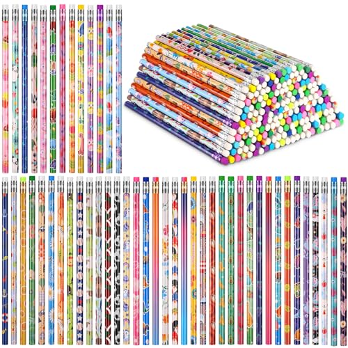 Sabary 200 Pcs Assorted Wood Pencil Bulk 50 Styles #2 HB Colorful Novelty Fun Dinosaur Animals Fruits Sports Pencils with Erasers for Teacher Reward