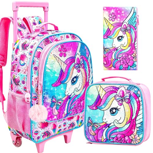 3Pcs Unicorn Rolling Backpack for Girls, Kids School Backpacks with Wheels, Roller Bookbag with Lunch Box for Elementary Preschool(Pink) - color: Unicorn-piink