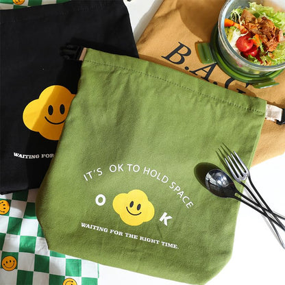 Japanese Bento Bag, Stylish Smiley Face Canvas Insulated Lunch Tote with Handle and Buckle Roll-up Lunch Bag - color: Green