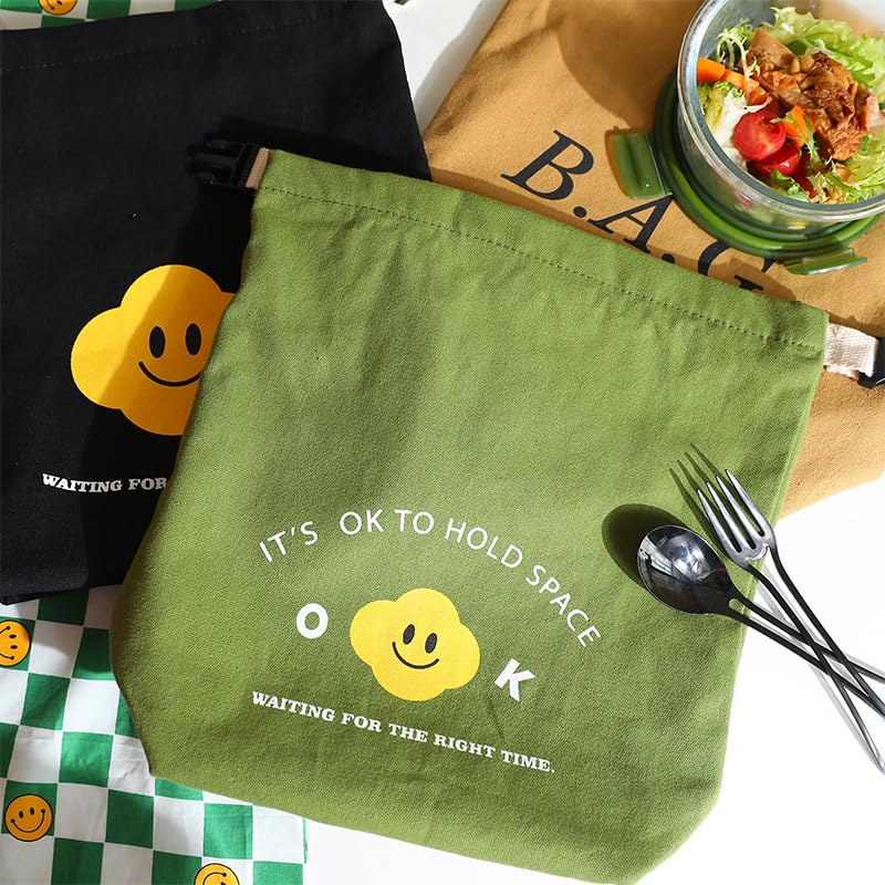 Japanese Bento Bag, Stylish Smiley Face Canvas Insulated Lunch Tote with Handle and Buckle Roll-up Lunch Bag - color: Black