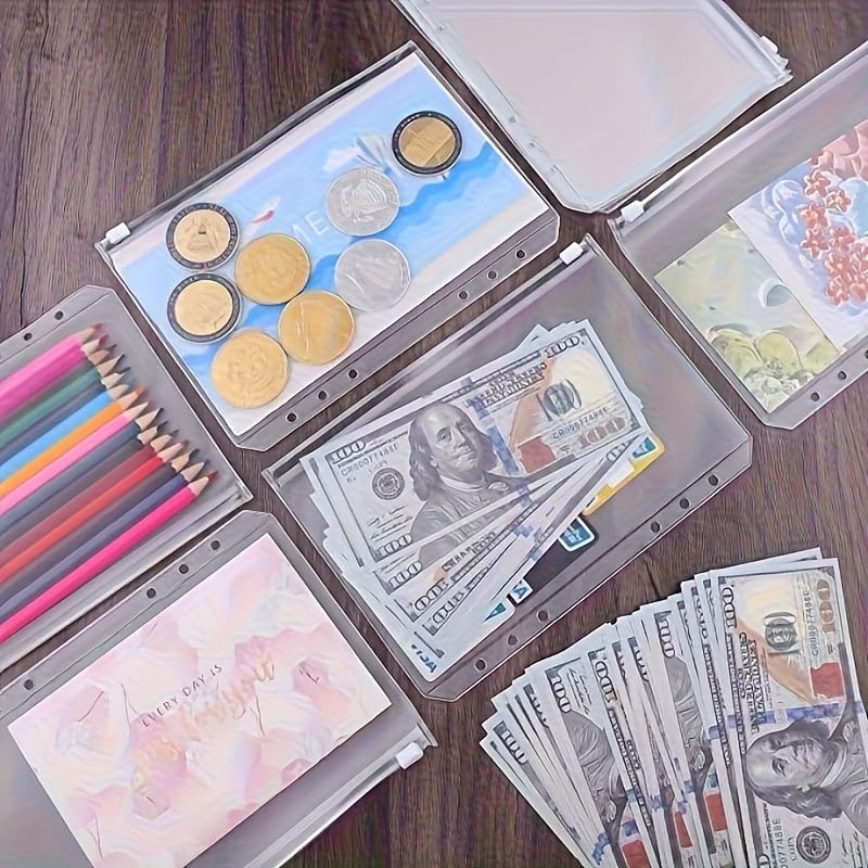 5PCS 6 Holes A5 Binder Pockets Clear Zipper Folders for 6 Ring Loose Leaf Notebook Waterproof PVC Organizer