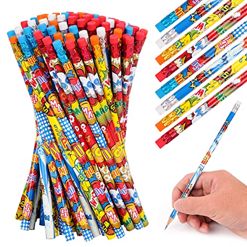 Kolewo4ever 200 Pieces Hero Text Pencils Cylinder Wood Pencils Pow Snap Wham Bang Elements Pencil 4 Style Assorted Students Pencil for Classroom Rewards Carnival Prizes