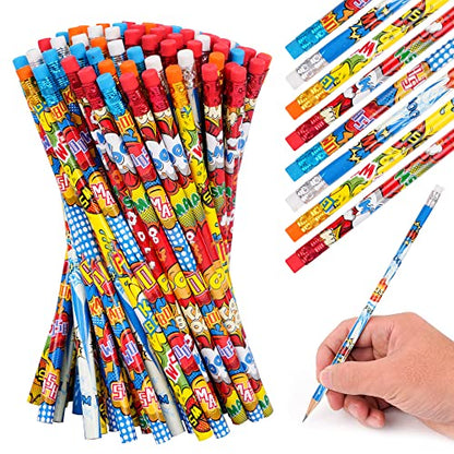 Kolewo4ever 200 Pieces Hero Text Pencils Cylinder Wood Pencils Pow Snap Wham Bang Elements Pencil 4 Style Assorted Students Pencil for Classroom Rewards Carnival Prizes