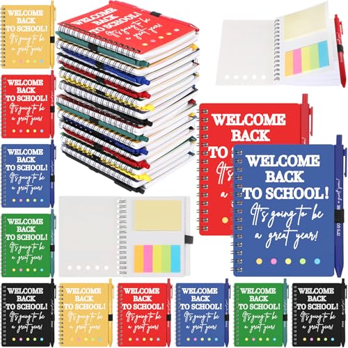 Dunzoom 40 Pcs Welcome Back to School Gifts Bulk Spiral Notebooks with Sticky Notes Motivational Pens First Day of School Notepads Party Favor for Teacher Student Classroom(Classic,Solid) - style: Classic