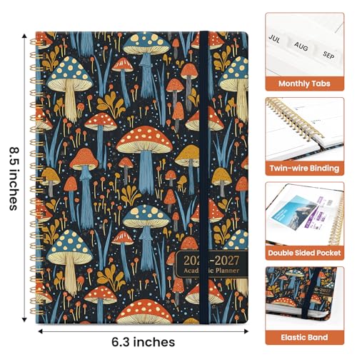 Planner 2026-2027, Academic Year Monthly and Weekly Calendar Planner, Jul 2026 - Jun 2027, Hardcover Teacher Student Planning Agenda book with Tabs, Perfect for School Office Supplies, 6.3" x 8.5" - Enchanted Mushrooms - color: D-Enchanted Mushrooms, size