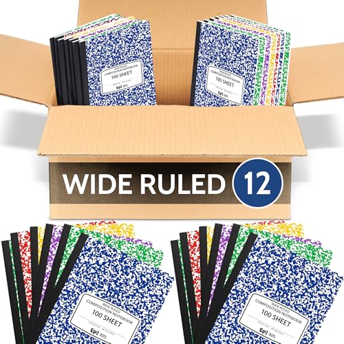 12 Pack - EPI Wide Ruled Marble Composition Notebook - Assorted Colors 200 Page Note Book - 9.75 x 7.5 Inch Hardcover Journal with Sewn Binding for Secure Pages - Classroom Back to School Supplies - color: Assorted, size: 12