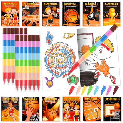 BenLouis 24 Basketball Mini Coloring Books Kids with 24 Stacking Crayons Basketball Party Favors Activity Books Bulk for Kids Sports Goodie Bag Gift Stuffer Classroom Reward - style: Basketball